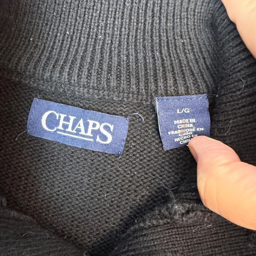 Chaps Sweater Mens Large Black Gray Fair Isle Mock Neck Button Pullover Knit